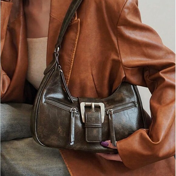 Women's PU Leather Shoulder Bag Zipper Underarm Multi-Pocket Vintage Crossbody - Picture 5 of 7